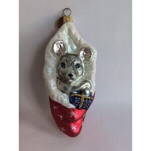 Christopher Radko Glass Squeakles Mouse In Stocking Christmas Ornament Vtg